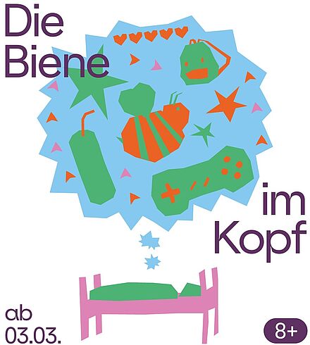 Grafik zu "Die Biene im Kopf". Premiere am 03.03.2024. Für Kinder ab 8 Jahren. Grafik mit einem rosanen Bett mit grüner Bettwäsche und einer blauen Gedankenblase gefüllt mit einer Biene, einem Rucksack, einer Konsole, einer Trinkflasche, Sternen und Herzen.