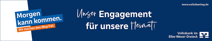 Logo der Volksbank im Elbe-Weser-Dreieck. Motto: "Unser Engagement für unsere Heimat".