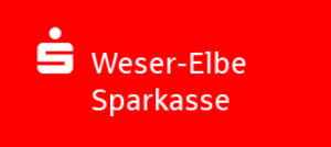 Logo der Weser-Elbe Sparkasse. Weiße Schrift auf rotem Grund.